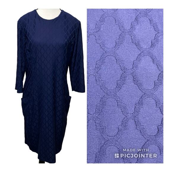 J. McLaughlin Textured Catalyst Midi Dress Navy Blue Embossed Pockets Size L - Picture 1 of 13